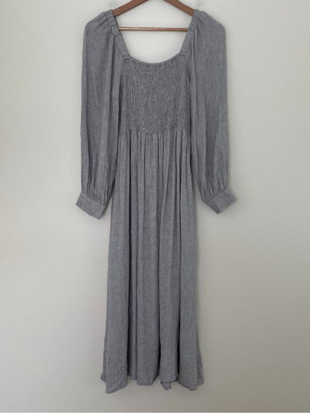 Madewell Smocked Square Neck Long Sleeve Maxi Dress in Light Gray